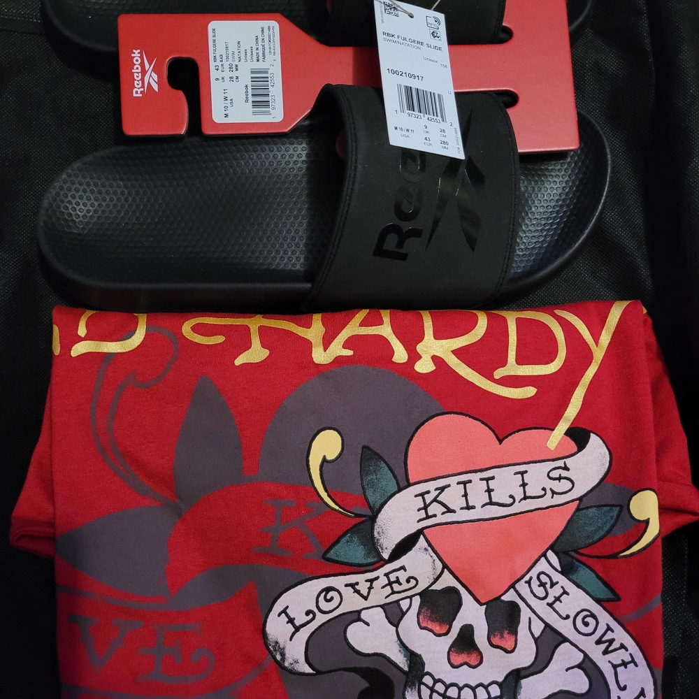 New Large Ed Hardy Red Graphic Tee And Adidas Sz 10 Sandals.